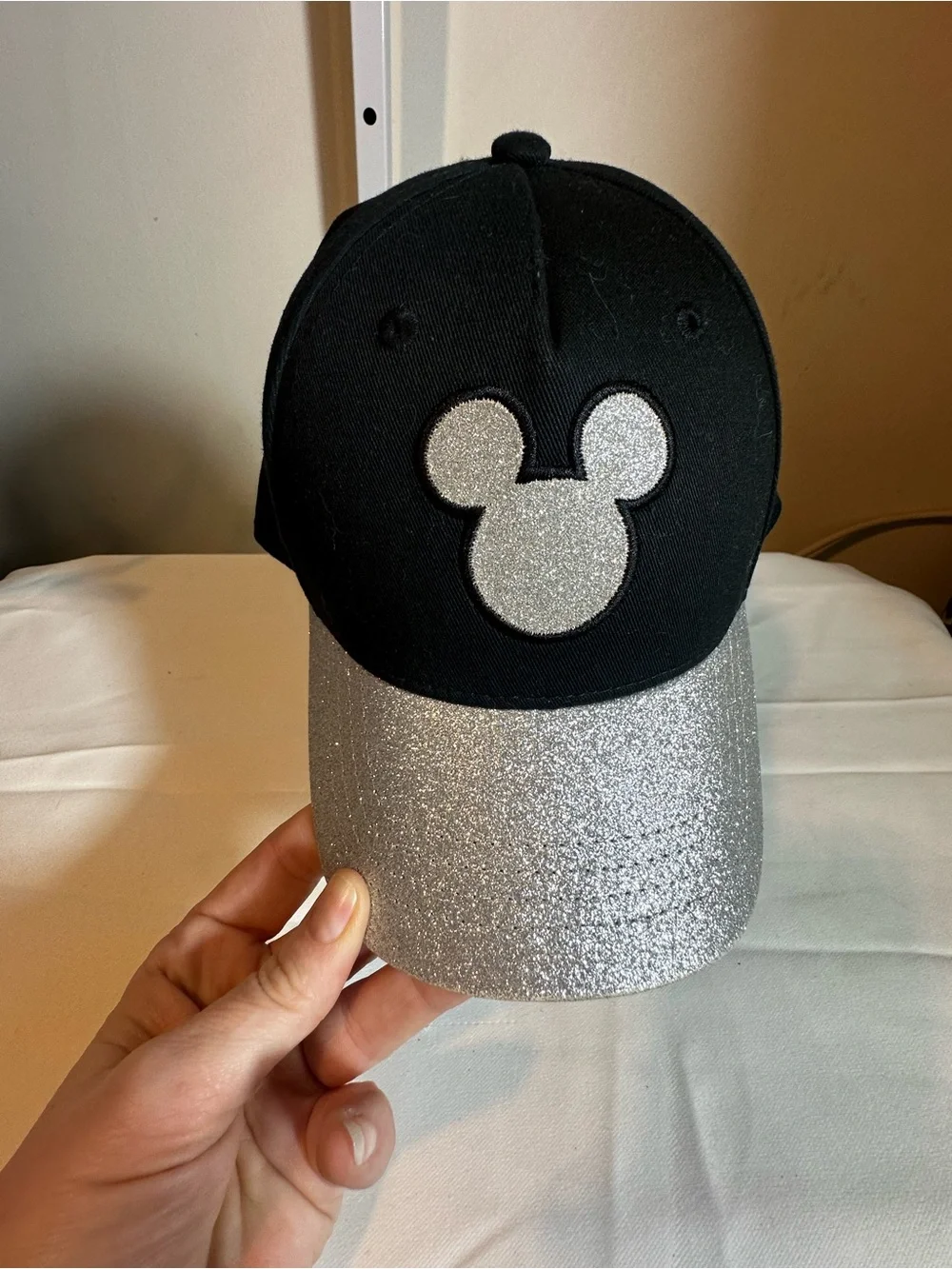 A34. Disney Black Cap with Silver Glitter Mickey Accent